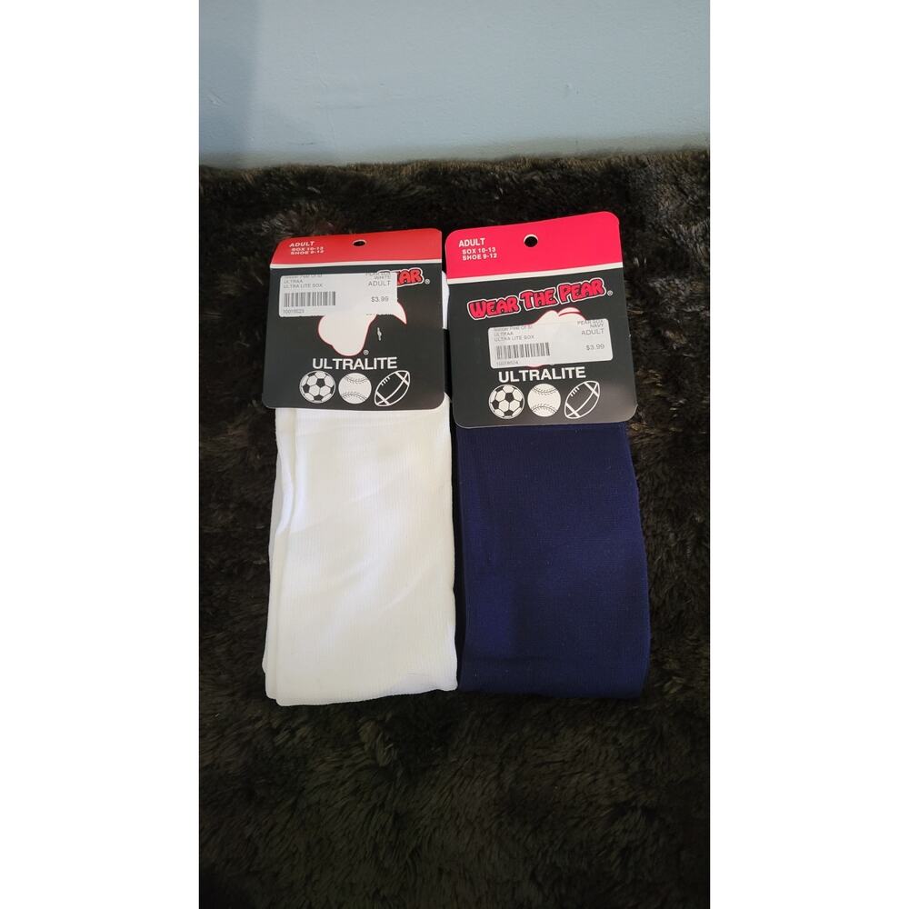 Lot of 2 PEAR SOX Adult Tube Socks Navy Blue & White All Sport Athletic Socks...
